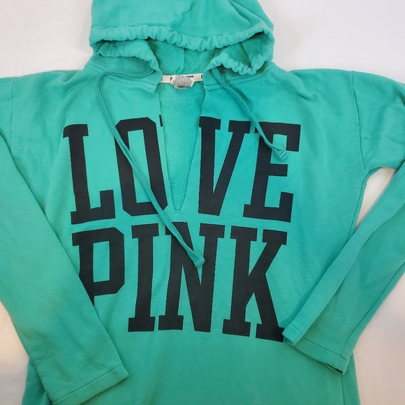 Victorias Secret LOVE Pink Mint Green Hoodie Size S Womens Drawstring Raw Hem - Picture 2 of 7